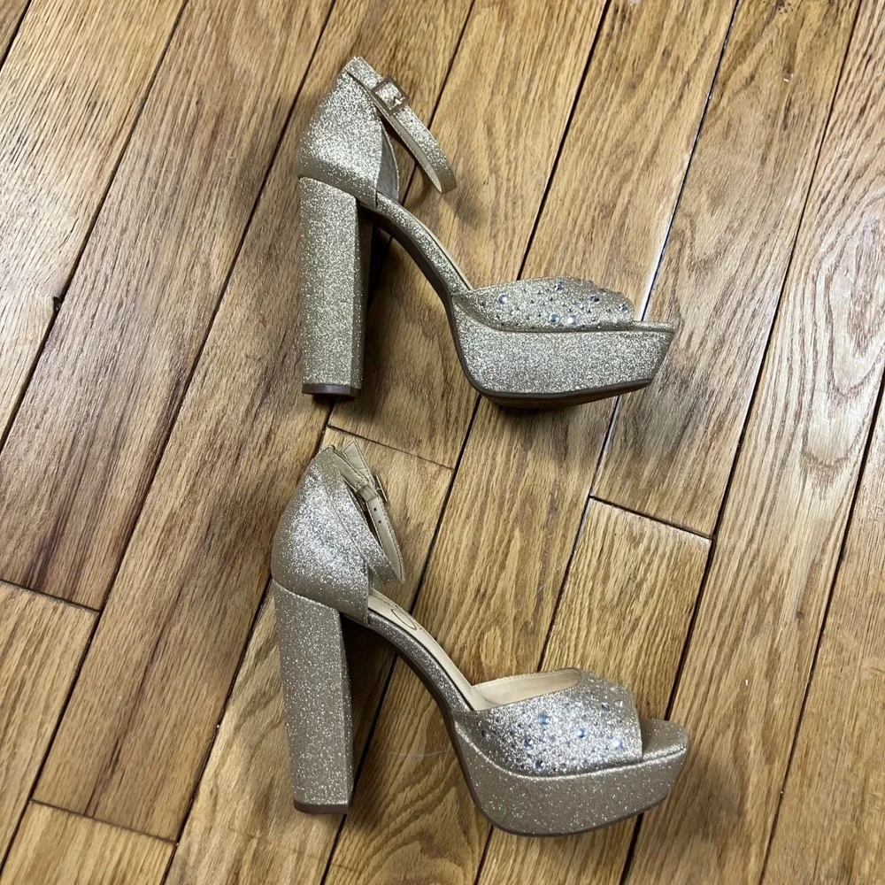Jessica‎ Simpson Glitter Platform Ankle Strap Heels Gold Sparkle Size 8 38.5